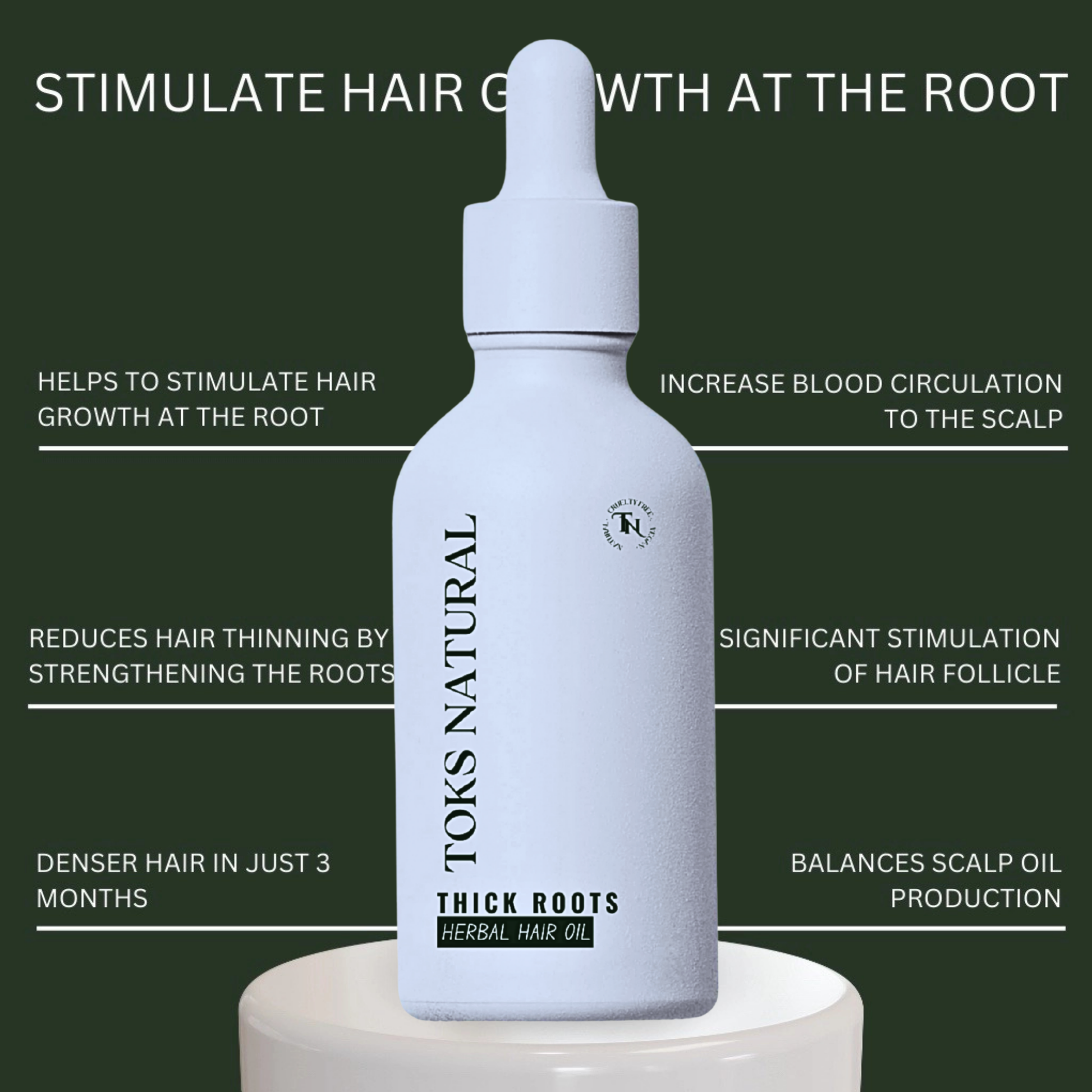 Toks Natural Thick Roots Herbal Hair Oil dropper bottle on a dark green background with text about hair growth benefits.