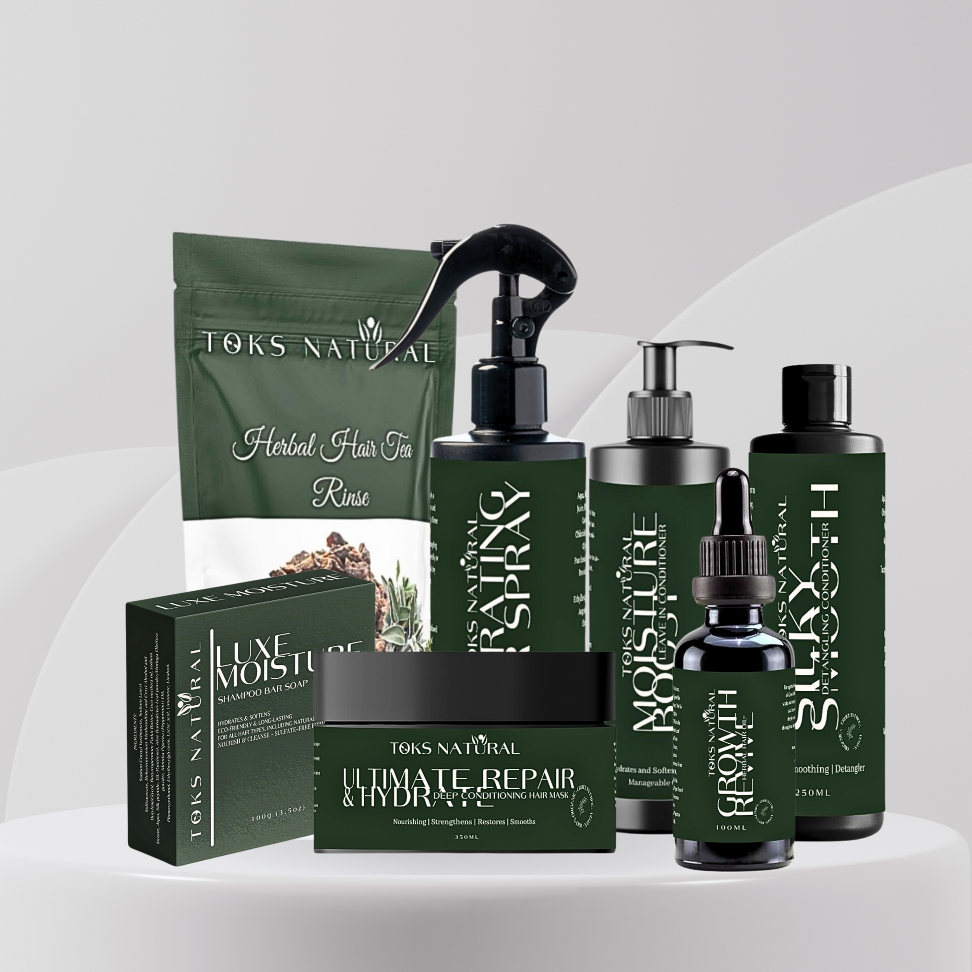 Complete Hair & Scalp Nourishment Bundle – A premium hair care set for deep hydration, growth stimulation, and scalp health. Includes herbal oil, deep conditioner, leave-in conditioner, shampoo bar, tea rinse, detangling conditioner, and hydrating spray.