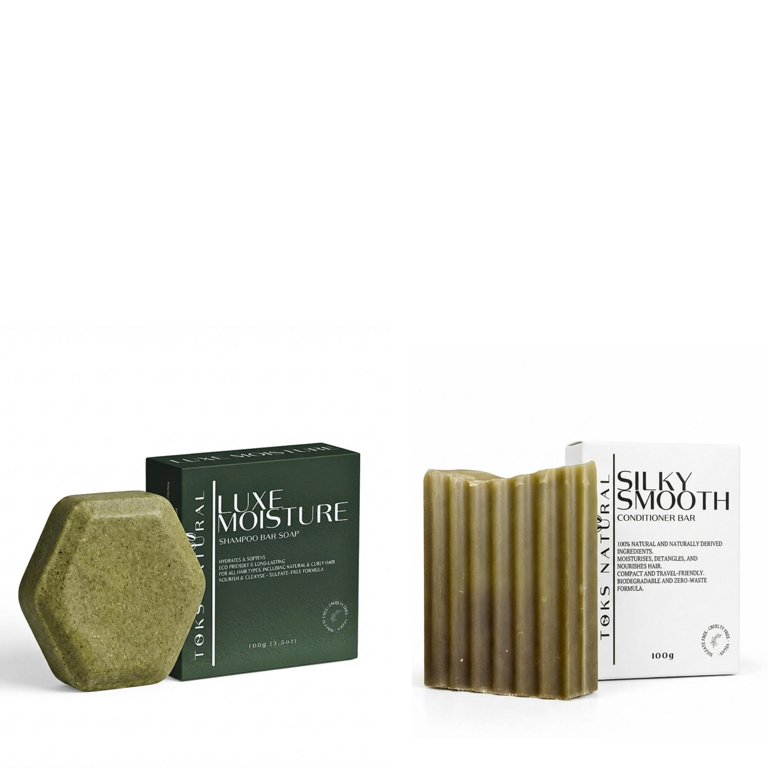 Two green bars of soap with their packaging on a white background